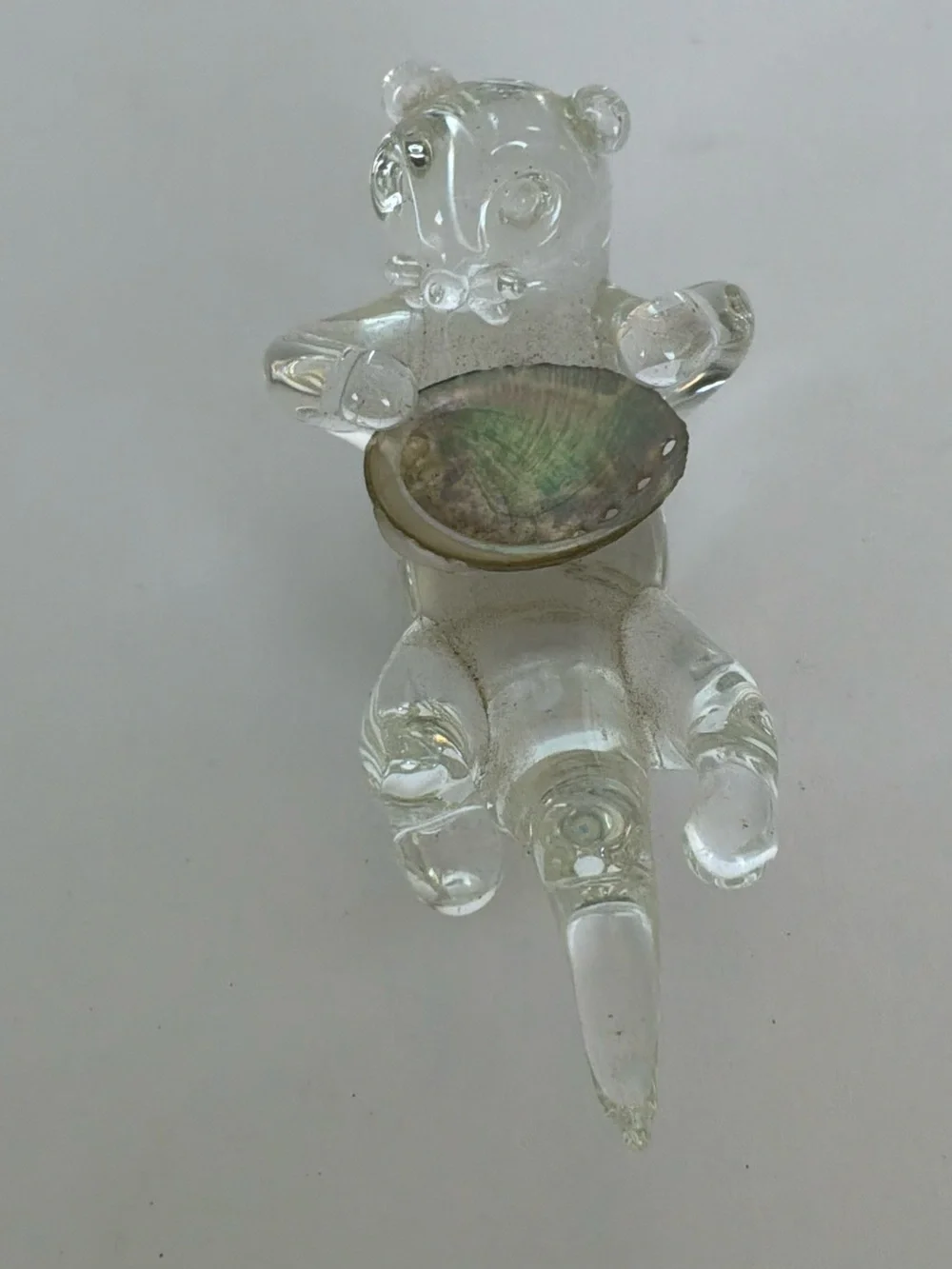Hand Blown Clear Glass Sea Otter Figurine Holding Abalone Shell Trinket Dish